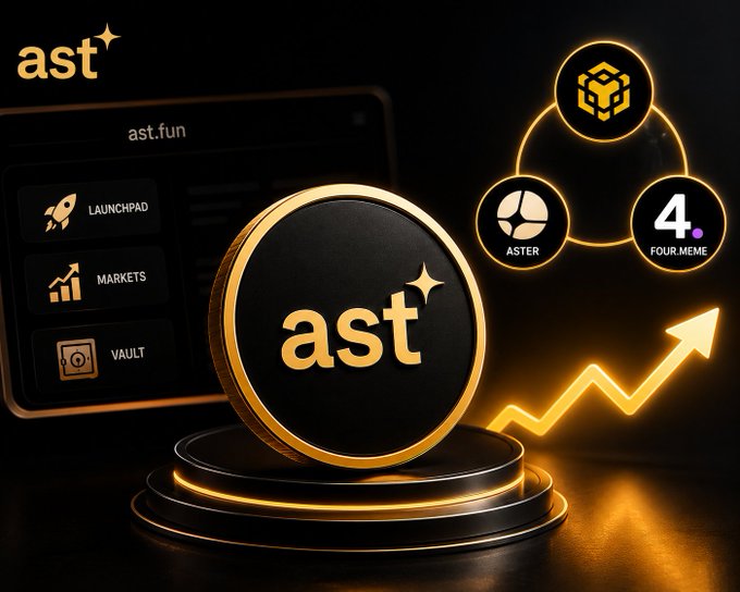 A promotional graphic for the 'ast' cryptocurrency token from ast.fun, featuring a golden coin, navigation tabs for Launchpad, Markets, and Vault, with related tokens ASTER and 4 (FOUR.MEME) shown alongside an upward trending arrow.