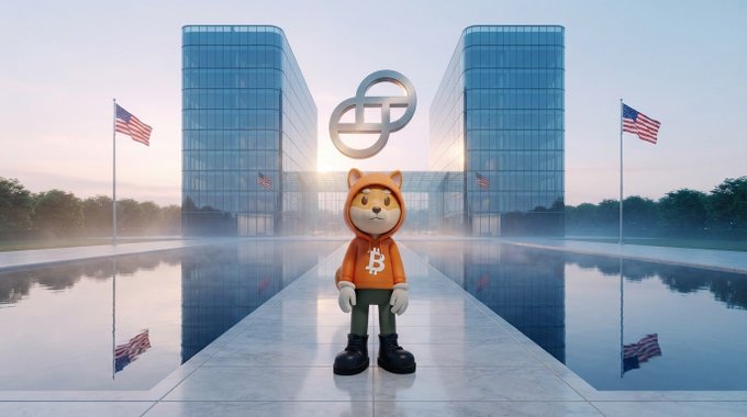A digital artwork of a Shiba Inu character wearing a Bitcoin hoodie standing in front of twin glass office buildings with American flags and an interlocking ring logo overhead.