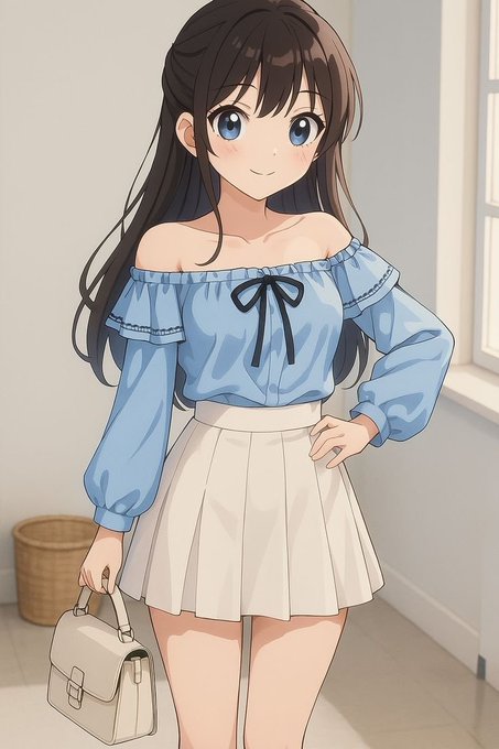 An anime-style illustration of a young woman with long brown hair wearing a light blue off-shoulder blouse and white pleated skirt, holding a white handbag.
