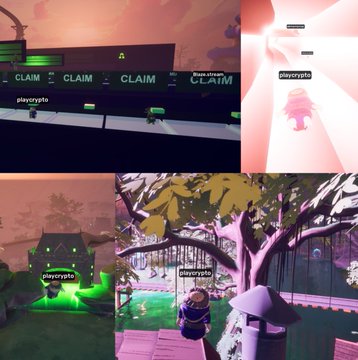 A collage of four Roblox game screenshots featuring a character named 'playcrypto' in various scenes including a 'CLAIM' area, a white tunnel, and a treehouse.