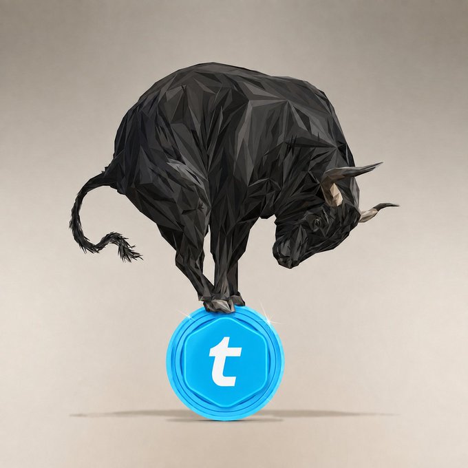 A black bull, composed of geometric polygonal shapes, is precariously balanced atop a glowing blue coin featuring the "t" symbol, symbolizing the fragile state of $TEL amid its prolonged downturn despite past achievements and a US banking charter.