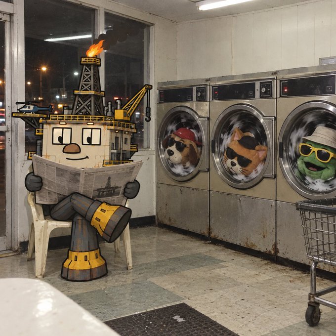 A humorous, surreal scene depicts a 2D oil rig character reading a newspaper on a plastic chair inside a laundromat, while three dogs—one in a red cap, one with sunglasses, and a green one in a hat—appear inside spinning washing machine drums.