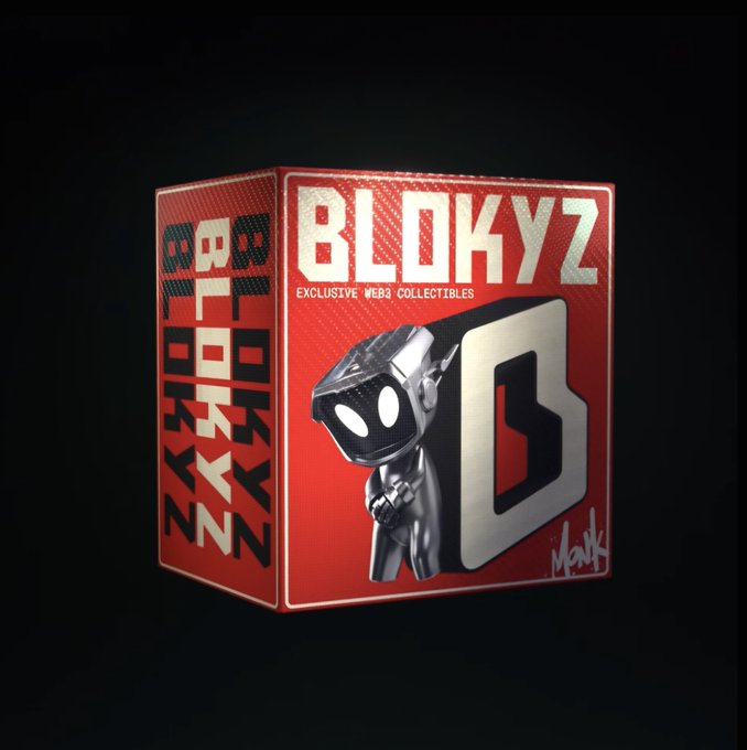 A 3D rendering of a red product box labeled 'BLOKYZ - EXCLUSIVE WEB3 COLLECTIBLES' featuring a stylized character and a large 'b' logo.