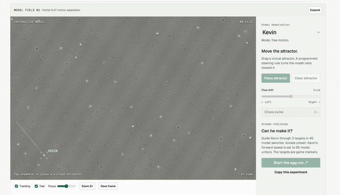 The image shows a webpage for "Kevin," an interactive experiment under observation by "Partial NUT motion adaptation" at the Allen Institute, where users can move a virtual attractor to guide a free motion model through targets in 45 model seconds using a virtual steering wheel interface.