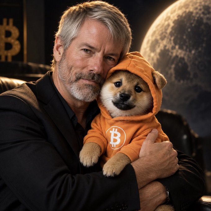 A man resembling Michael Saylor cradles a Shiba Inu puppy wearing an orange Bitcoin (₿) hoodie, with a Bitcoin symbol in the background and a moon to the right.