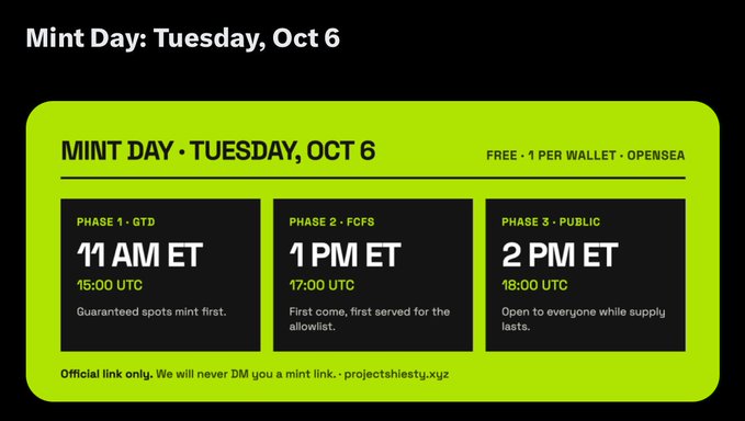 An NFT mint schedule graphic for @ProjectShiesty displaying three mint phases on October 6: GTD at 11 AM ET (15:00 UTC), FCFS at 1 PM ET (17:00 UTC), and Public at 2 PM ET (18:00 UTC), free on OpenSea. The image aligns with the post's details, highlighting that the poster's community has GTD spots for Phase 1 and warning to only use the official link at projectshiesty.xyz.