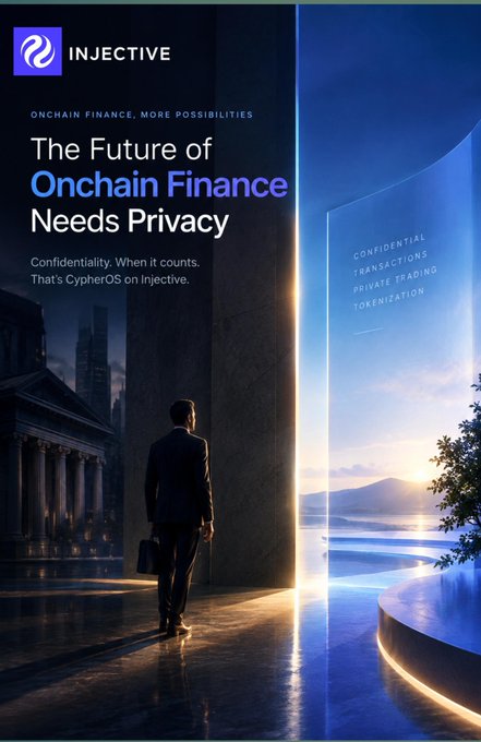An Injective promotional graphic with the headline 'The Future of Onchain Finance Needs Privacy' featuring a split image of a man in a suit standing between traditional architecture and a modern landscape, mentioning CypherOS.