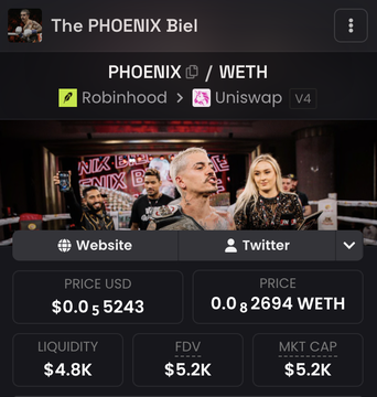 A cryptocurrency tracking screenshot for 'The PHOENIX Biel' token (PHOENIX/WETH) showing trading data including a USD price of $0.055243, WETH price of 0.002694, $4.8K liquidity, and $5.2K FDV/MKT CAP, with a banner featuring multiple people.