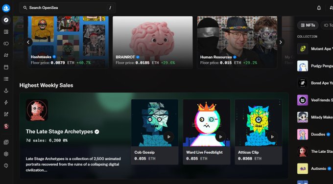 A screenshot of the OpenSea NFT marketplace showing collections like Hashmasks, BRAINROT, and Human Resources, with 'Highest Weekly Sales' featured.