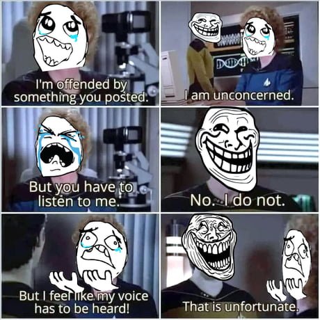 A six-panel rage comic meme featuring Wojak and Trollface characters. The dialogue shows an offended crying Wojak saying 'I'm offended by something you posted' and demanding to be heard, while an unconcerned Trollface repeatedly responds 'I am unconcerned' and 'No. I do not.'