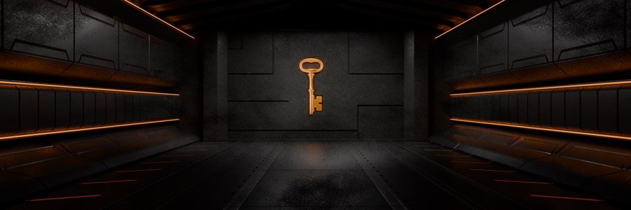 A glowing golden key is centered on a dark concrete wall within a futuristic, neon-lit industrial chamber, symbolizing exclusive access. The image visually reinforces the post's message about unlocking high-value opportunities, remote web3 jobs, and insider knowledge through the UtopiaWeb3 community.