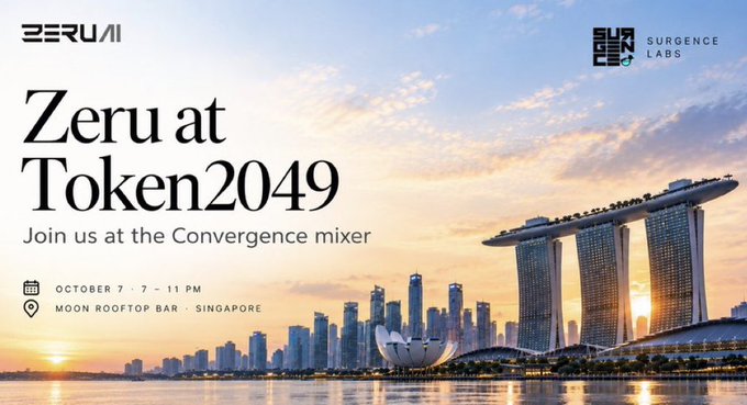 A promotional graphic advertises 'Zeru at Token2049' at the 'Moon Rooftop Bar · Singapore' on October 7th, with a sunset view of the Marina Bay Sands skyline in the background.