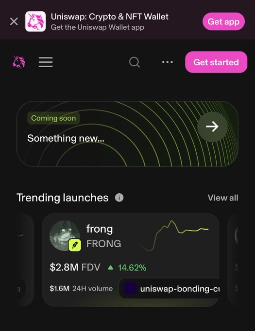 A screenshot of the Uniswap website's launchpad section showing the "Trending launches" page with the token "FRONG" listed, displaying a $2.8M FDV (up 14.62%), $1.6M 24H volume, and notably tagged with "uniswap-bonding-curve," supporting the post's claim that $FRONG appears to be utilizing a Uniswap bonding curve launchpad mechanism.