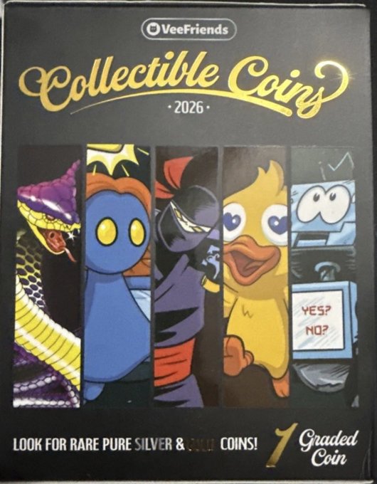 A 'VeeFriends Collectible Coins 2026' product package displaying five character designs behind plastic windows, with text reading 'LOOK FOR RARE PURE SILVER & GOLD COINS!' and '1 Graded Coin'.