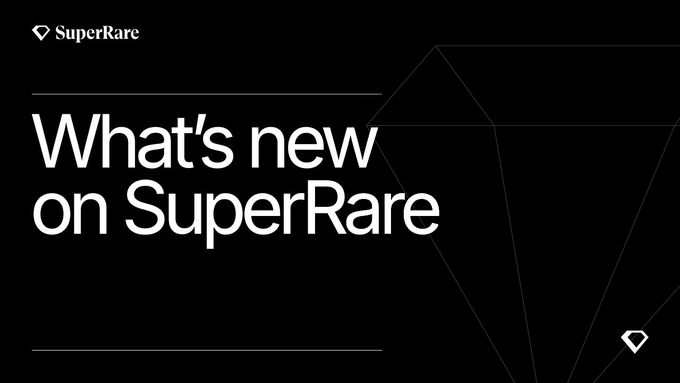 A black promotional graphic for SuperRare featuring the white text 'What's new on SuperRare' alongside the platform's logo.