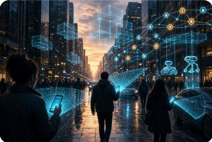 A futuristic digital artwork depicts a city street at sunset with people using holographic projections of cubes, networks, and robots from their smartphones.