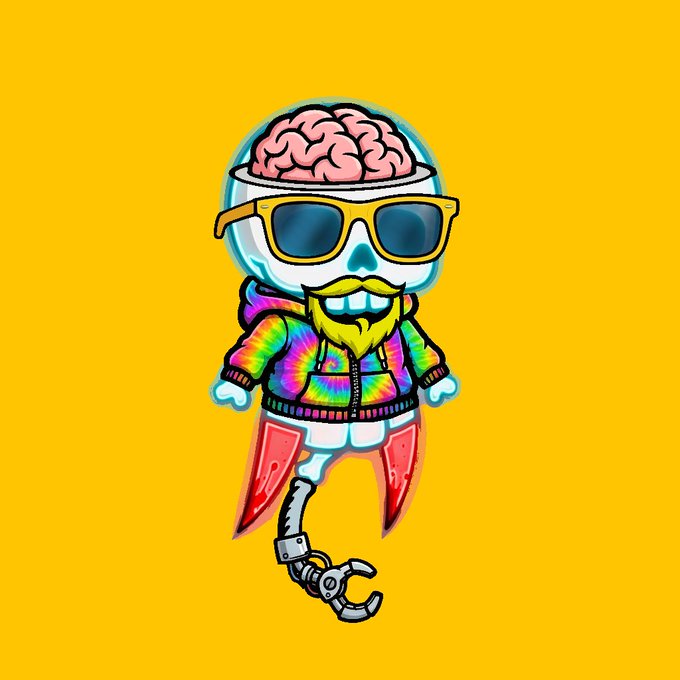 A cartoon skeleton with an exposed brain, sunglasses, tie-dye hoodie, and a hook hand is depicted against a yellow background, visually representing the "Re-Animated" NFT collection being promoted in the post.
