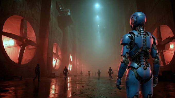 The image features a robot standing in front of a building, with other robots visible in the background. The scene appears to be set in an industrial area or factory, as there are several large fans present. A person can also be seen in the image, possibly observing the surroundings or working on one of the machines. The post is titled "Dreamers don' wait for permission. We build the city while others debate the blueprint." This suggests that the robot and its creator might have a unique perspective on urban planning and development, as they are not bound by traditional rules or regulations.