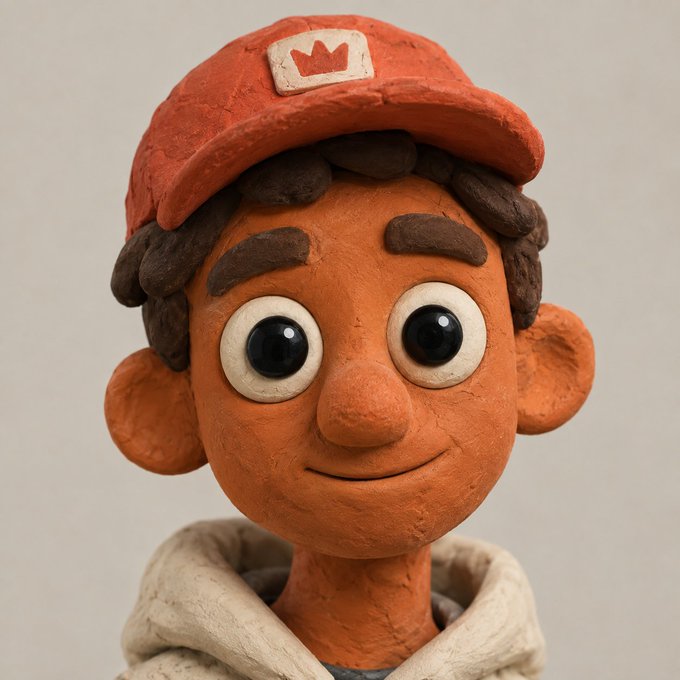 A close-up of a clay-style sculpted figure with large black eyes, brown curly hair, and an orange cap featuring a crown logo, wearing a cream-colored hoodie.

The image fits the post as a handmade NFT art piece, with the Robinhood crown logo on the cap hinting at the upcoming launch on Robinhood and OpenSea for the first 100 wallets.