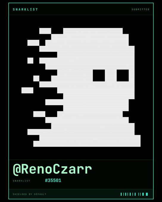 A digital graphic with 'SNARKLIST' header and 'SUBMITTED' status, featuring a pixelated skull-like figure, and the text '@RenoCzarr' with 'SNARKLIST #35501' and 'SHIELDED BY DEFAULT' at the bottom.