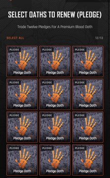 A video game interface titled 'SELECT OATHS TO RENEW (PLEDGE)' showing a grid of 12 orange handprint pledge items, with 'Trade Twelve Pledges For A Premium Blood Oath' text and '12/12' counter.