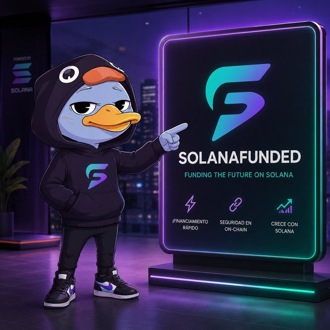 The image features a cartoon character dressed as a penguin, standing next to a sign that says "SOLANAFUNDED" with a logo for SolanaFunded. The character appears to be pointing at the sign or giving directions. In the background, there is a building and a potted plant, adding context to the scene. The post about SolanaFunded mentions that it has been invested in by SolanaFunded.com, which is a trading platform for SolanaFunded accounts. This indicates that the character's presence on the sign could be related to promoting or discussing the SolanaFunded platform and its services.