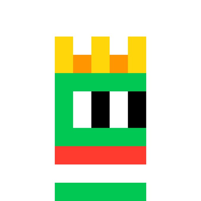 A simple pixel art icon depicting a green character with a yellow crown, black and white eyes, and a red stripe across its middle.