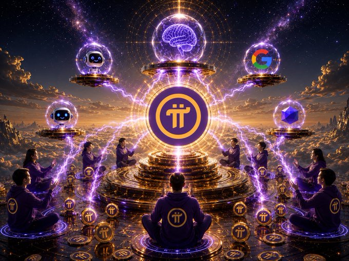 A vibrant cosmic illustration depicting a meditation circle of people worshipping the Pi cryptocurrency logo, with floating orbs showing AI, brain, Google, and Ethereum symbols surrounded by purple lightning.