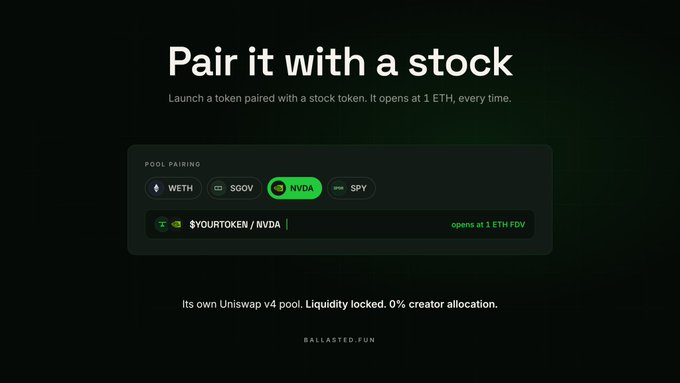 A dark-themed landing page from ballasted.fun with the headline "Pair it with a stock," showing a token pairing interface between $YOURTOKEN / $NVDA that opens at 1 ETH FDV via its own Uniswap v4 pool with 0% creator allocation.