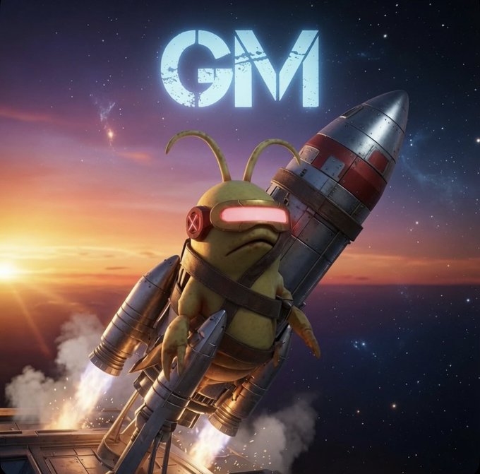 A green, bug-like creature with a red visor straps into a rocket pack against a cosmic backdrop featuring a sunrise, with the bold text "GM" displayed above—visually capturing the post's spirited "Good Morning" greeting to the crypto community kicking off a new week of grinding.