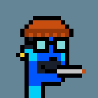 A pixel art character wearing an orange hat and blue outfit holds a sword against a solid blue background.