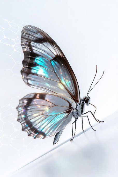 A close-up photograph of a butterfly with iridescent blue-green wings resting on a white surface with a subtle honeycomb pattern in the background.