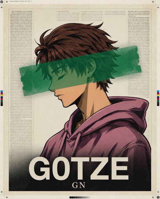 An anime-style poster featuring a brown-haired male character with a green stripe across his eyes, labeled 'GOTZE' in large white text, with 'GN' below, and the name 'Marcus Gon...' at the top left.