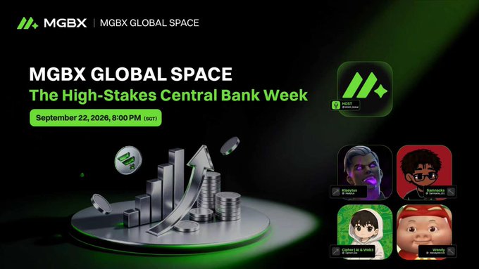 Promotional graphic for MGBX Global Space event 'The High-Stakes Central Bank Week' scheduled for September 22, 2026, 8:00 PM (SGT), featuring cartoon avatars of speakers.