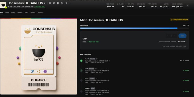 The image shows a NFT minting page for the "Consensus OLIGARCHS" collection, displaying "Overs the Decision" card #1of777 with 656/777 items already minted. The accompanying post relates to this by advertising the collection's free floor price of 270 units on OpenSea, offering help with first-come-first-served mints for registered users.