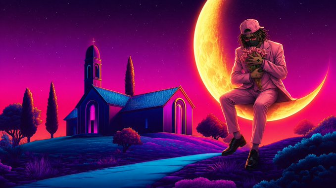A digital artwork featuring a person in a pink suit and white cap sitting on a crescent moon while holding a bouquet, set against a vibrant purple and pink sky with a church on a hill.