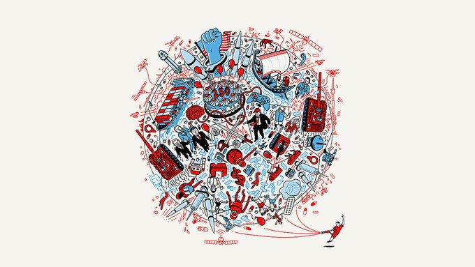 The image features an illustration of a white circle filled with various objects such as a skateboarder, a person holding a microphone, and other people engaged in different activities. The background includes a gray and white striped flag, which adds to the overall composition. The caption provided seems unrelated to the main subject matter but is included for context or to provide additional information about the image.