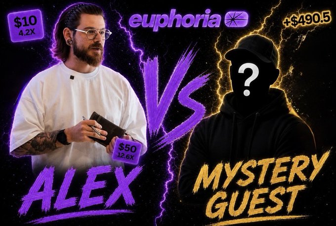 The image is a promotional graphic for "Tap Battles" Season 2, featuring a "VS" matchup between "ALEX" (@alexfacelesslbs) on the left and a "MYSTERY GUEST" depicted as a silhouetted figure on the right, with the "euphoria" logo and token displayed at the top, and various dollar amounts ($10, $50, +$490.5) shown alongside the competitors.