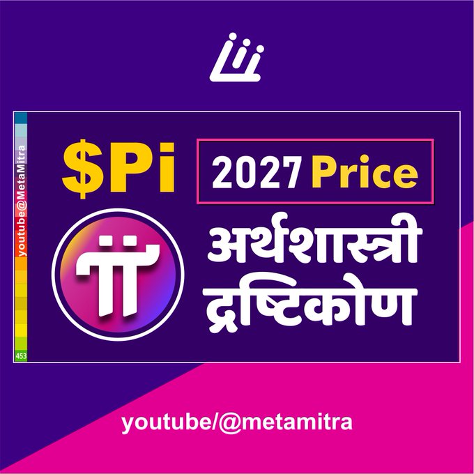A graphic with a purple background featuring the Pi Network logo, the text '$Pi', '2027 Price', and Hindi text 'अथशास्त्री दृष्टिकोण'. The handle 'youtube/@metamitra' appears at the bottom.