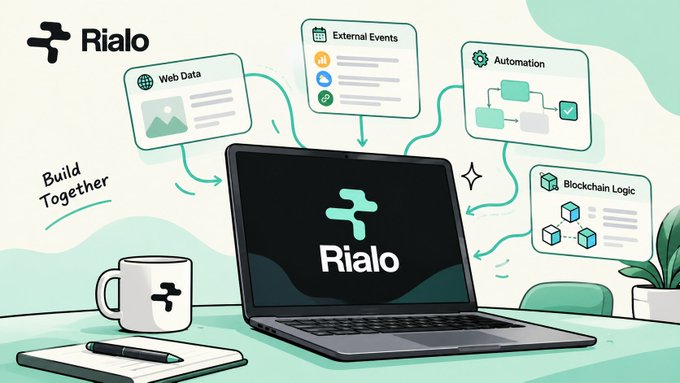 A digital illustration of a laptop displaying the 'Rialo' logo, connected to floating UI elements representing 'Web Data', 'External Events', 'Automation', and 'Blockchain Logic', with a branded mug beside it.