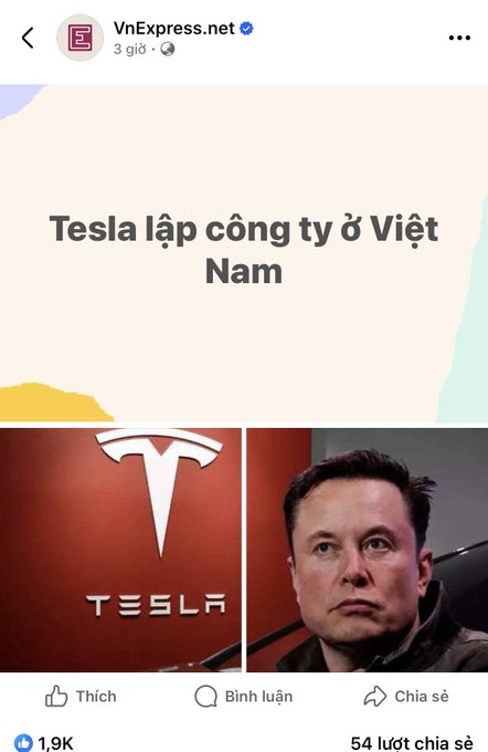 A Facebook post from VnExpress.net shows the headline "Tesla lập công ty ở Việt Nam" (Tesla establishes a company in Vietnam), featuring an image of the Tesla logo alongside a photo of Elon Musk. The post has 1.9K reactions and 54 shares, and the accompanying caption suggests this is part of a pattern of Elon Musk-backed initiatives entering Vietnam, including Starlink and a new Tesla Motors Vietnam entity headquartered in Ho Chi Minh City.