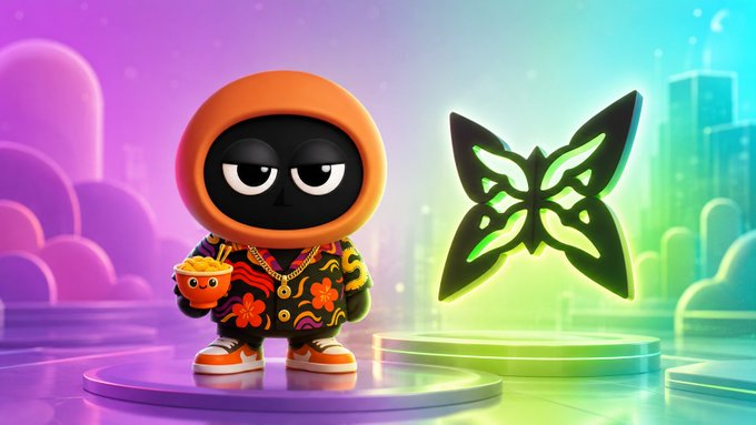 The image features a cartoon character dressed in an orange hoodie with black pants and shoes, standing next to a butterfly figure wearing a green suit. The butterfly has wings that are colored like a rainbow of colors - red, orange, yellow, green, blue, and purple. The background is a gradient of purple and pink hues, creating a whimsical atmosphere for the scene. The image also contains text that reads "Been looking into @quipnetwork and the idea is pretty interesting. Quip is not just another chain trying to sell infra. It focuses on useful compute, quantum computing, and post-quantum security".