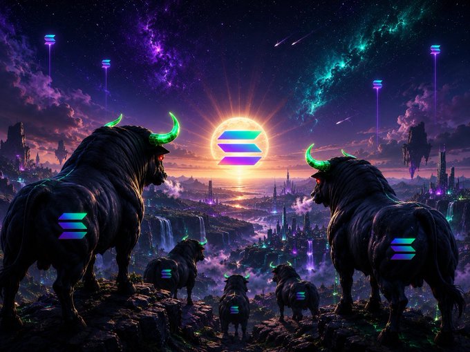 A majestic digital artwork depicts powerful black bulls with glowing green horns standing atop a cliff, overlooking a futuristic city beneath a cosmic sky dominated by the glowing Solana logo at the center of a radiant sun—perfectly symbolizing bullish momentum for $SOL and its community, including $ANSEM and $CURB holders.

The Solana emblem appears prominently in the sun, while smaller Solana-style icons mark the bulls' flanks, reinforcing the bullish morning theme of the post.
