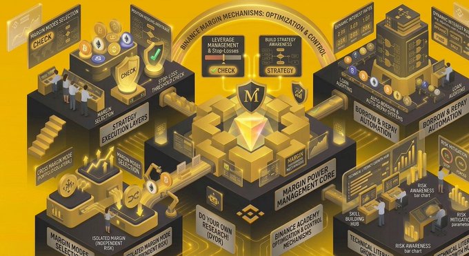 A complex, yellow-themed isometric infographic illustrating various 'BINANCE MARGIN MECHANISMS: OPTIMIZATION' concepts such as 'LEVERAGE MANAGEMENT', 'STRATEGY EXECUTION LAYERS', 'MARGIN POWER MANAGEMENT CORE', and 'BORROW & REPAY AUTOMATION'.