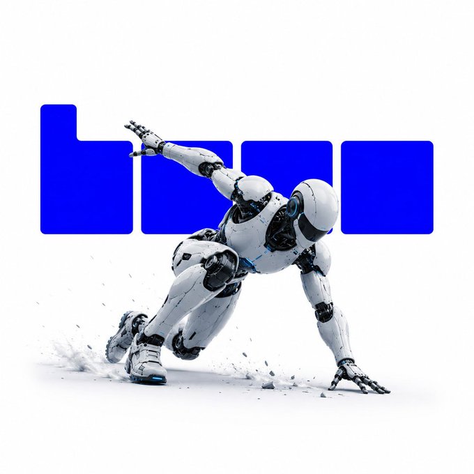 A white humanoid robot in a dynamic crawling/action pose against a blue and white geometric background with the text 'btn'.