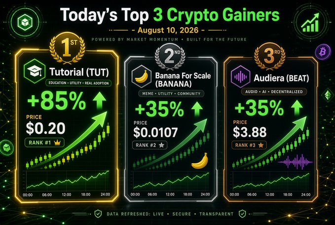 A promotional infographic titled "Today's Top 3 Crypto Gainers - August 10, 2026" displays Tutorial (TUT) leading at +85% with a price of $0.20, followed by Banana For Scale (BANANA) at +35% ($0.0107), and Audiera (BEAT) at +35% ($3.88), matching the post's top performer with TUT's strong gains around $0.20.