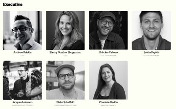 An executive team page featuring headshots and titles for Andrew Riskind (CEO), Stacey Goadher (COO), Nicholas Caiazza (Head of Engineering), Sasha Pepiuk (Head of Brand), Jacques Lebreton (Head of Business Development), Eloise Arkush (Head of Growth), and Chantel Hext (Head of Operations).