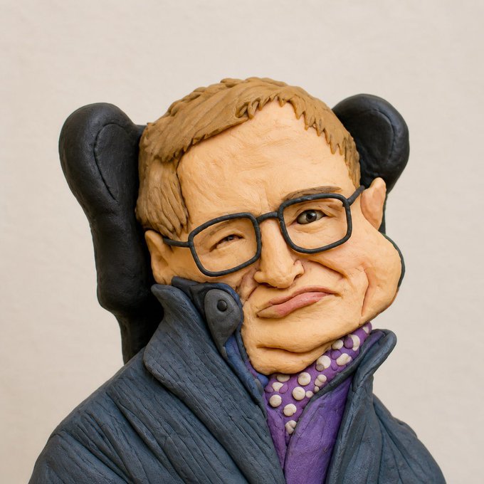 A sculpted caricature figurine depicts a man with blonde hair, rectangular glasses, a purple shirt with white polka dots, and a gray jacket.