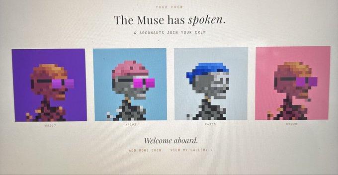 CryptoArt/Axie-style interface reading 'The Muse has spoken' and '4 ARGONAUTS JOIN YOUR CREW,' displaying four pixel-art character portraits labeled #8237, #4191, #4155, and #8228.