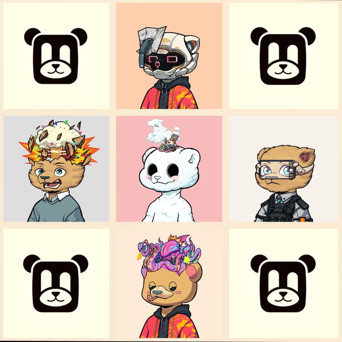 A 3x3 grid NFT-style illustration featuring cartoon teddy bears and a cat character, with four corner tiles showing a plain bear logo and the middle/edge tiles depicting uniquely styled characters (robot, explosion hair, ghost, glasses).